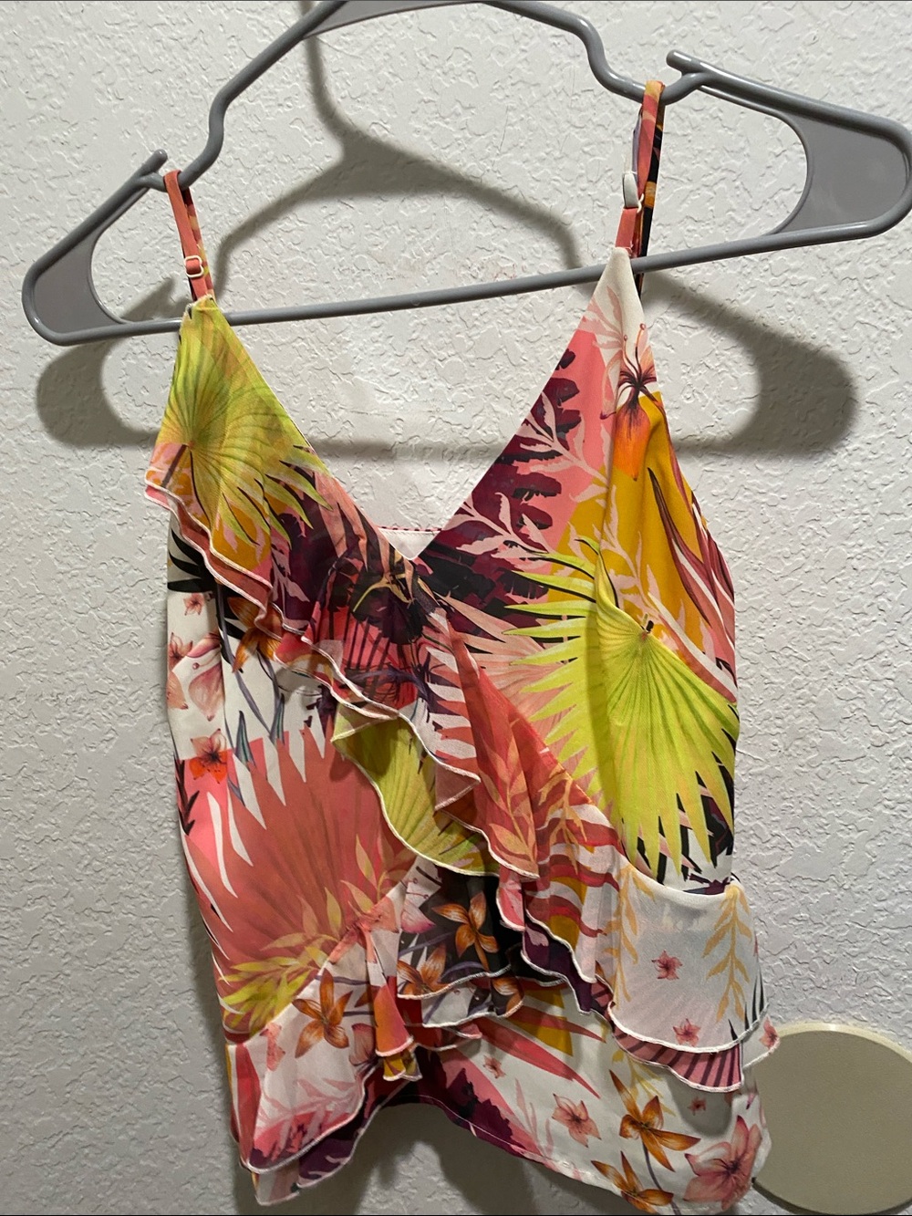 bebe Tropical Ruffle Camisole Tank Top - Coral, Yellow, Green, White